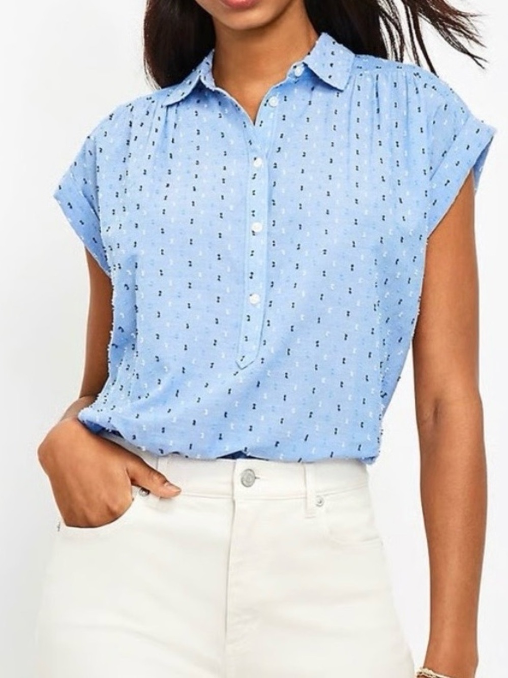 LOFT Dolman Swiss dot Blue Button-Front Cap Sleeve Top